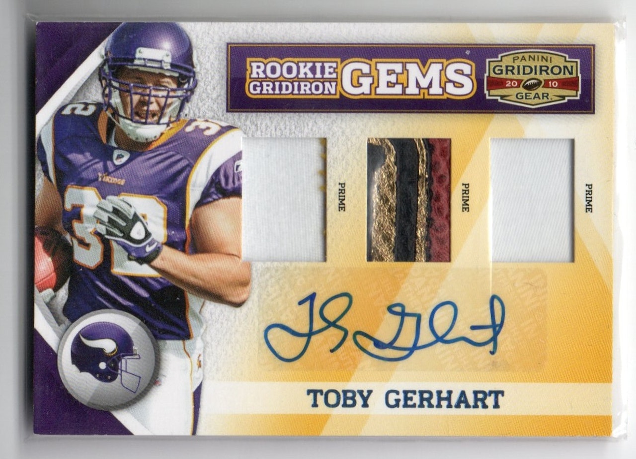 2010 Panini Gridiron Gear Rookie Gridiron Gems Jerseys Trios Autographs Prime #267 Toby Gerhart (80-X51-NFLVIKINGS)