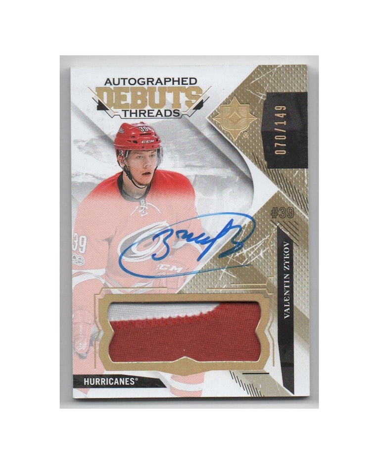 2017-18 Ultimate Collection Debut Threads Patch Autographs #DTAVZ Valentin Zykov (150-X210-HURRICANES)