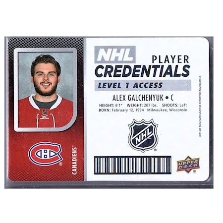 2017-18 Upper Deck MVP NHL Player Credentials Level 1 Access #NHLAG Alex Galchenyuk (15-22x5-CANADIENS)