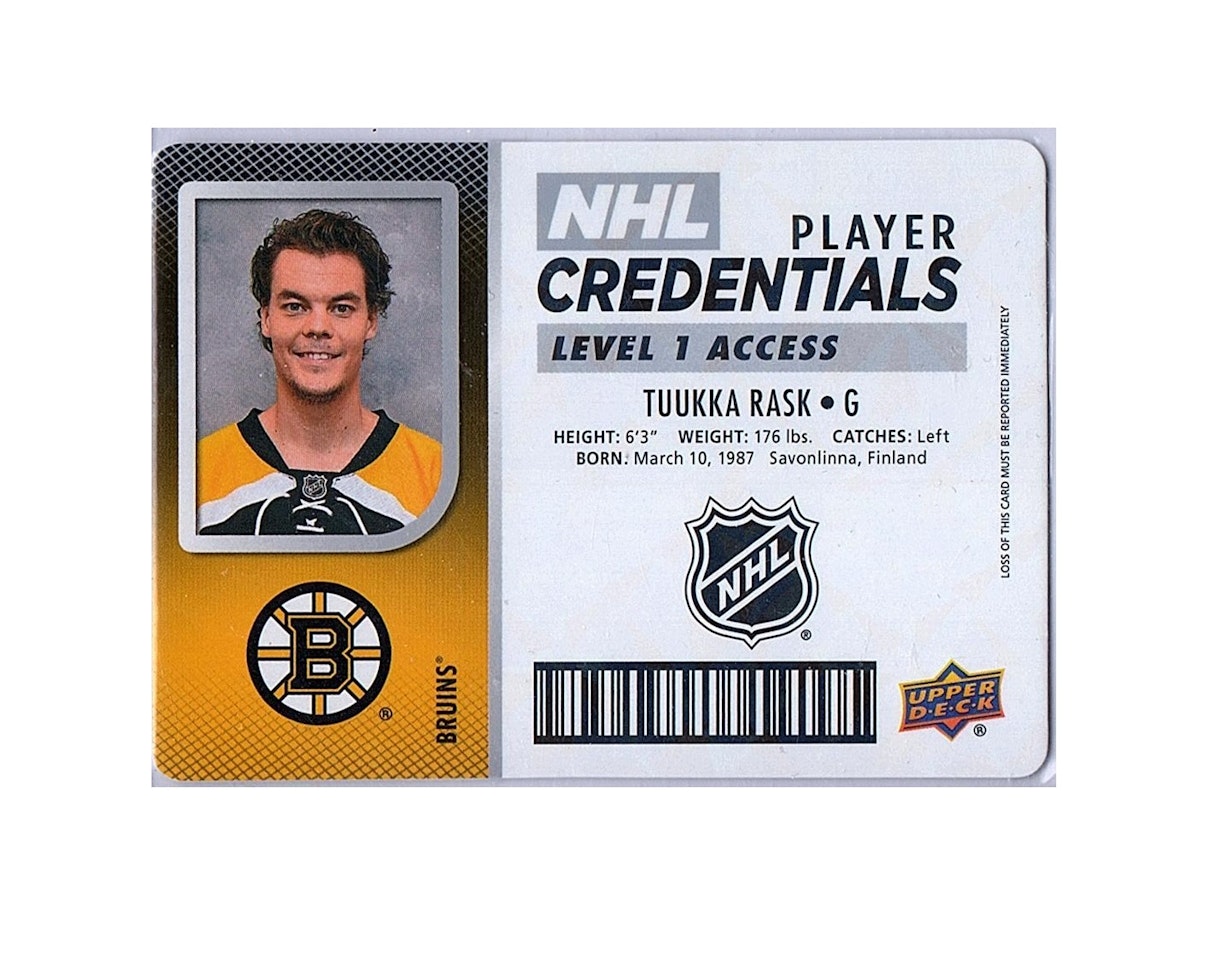 2017-18 Upper Deck MVP NHL Player Credentials Level 1 Access #NHLTR Tuukka Rask (12-X123-BRUINS)