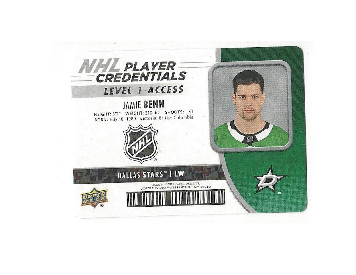 2018-19 Upper Deck MVP NHL Player Credentials Level 1 Access #NHLJB Jamie Benn (15-X127-NHLSTARS)