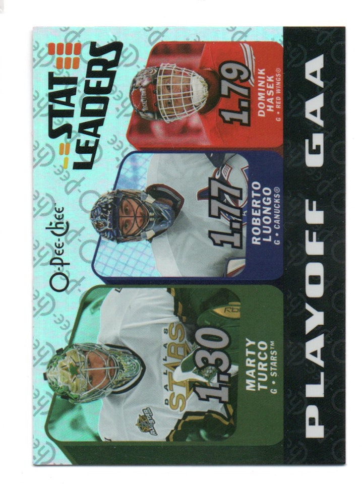 2007-08 O-Pee-Chee Stat Leaders #SL19 Dominik Hasek Roberto Luongo Marty Turco (10-X364-NHLSTARS+CANUCKS+RED WINGS)