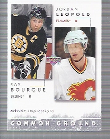 2002-03 UD Artistic Impressions Common Ground #CG14 Jordan Leopold Ray Bourque (15-59x1-BRUINS+FLAMES)