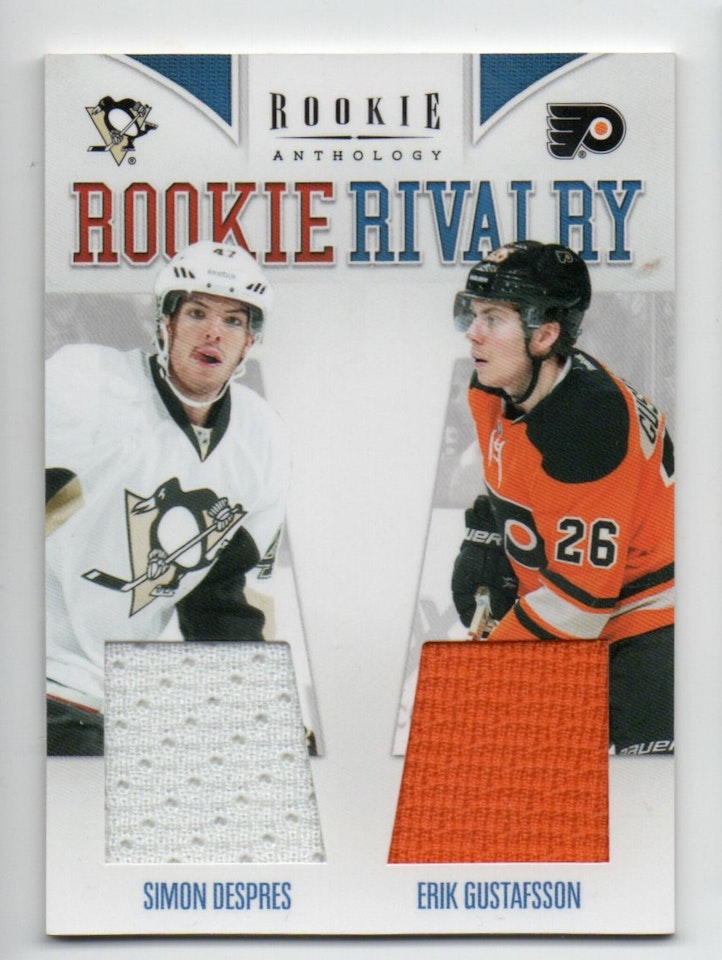 2011-12 Panini Rookie Anthology Rookie Rivalry Dual Jerseys #23 Simon Despres Erik Gustafsson (30-170x3-PENGUINS+FLYERS)