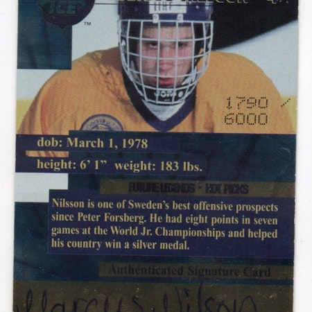 1996 Collector's Edge Future Legends Autographed Hot Picks #4 Marcus Nilsson (25-X20-SWEDEN)