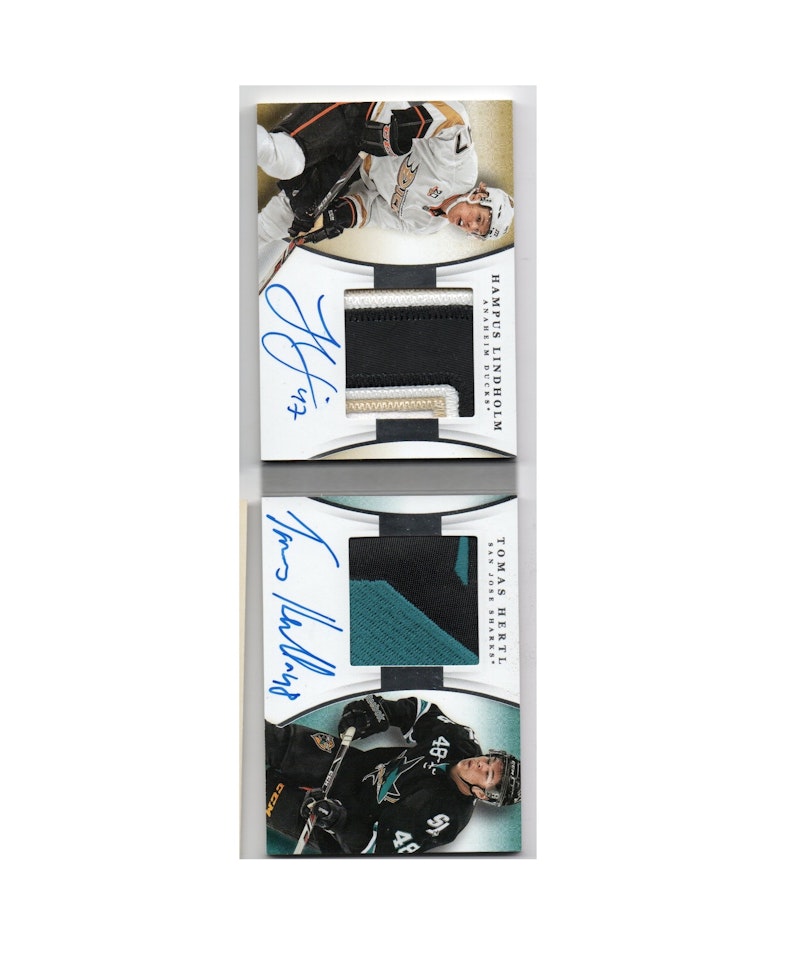 2013-14 Panini National Treasures Dual Rookie Jumbo Patch Autographs #7 Hampus Lindholm Tomas Hertl (1000-A1-DUCKS+SHARKS)
