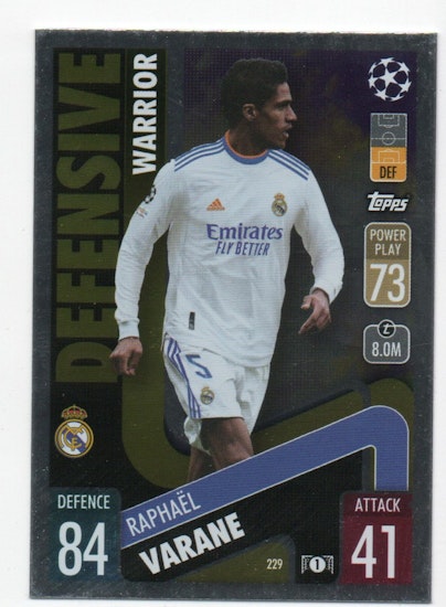 2021-22 Topps Match Attax UEFA Champions Europa Defensive Warrior #229 Raphael Varane (10-T11-REALMADRID)