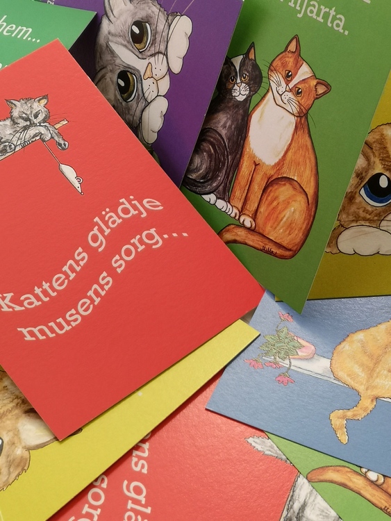 vykort i klara färgen med katter och citat