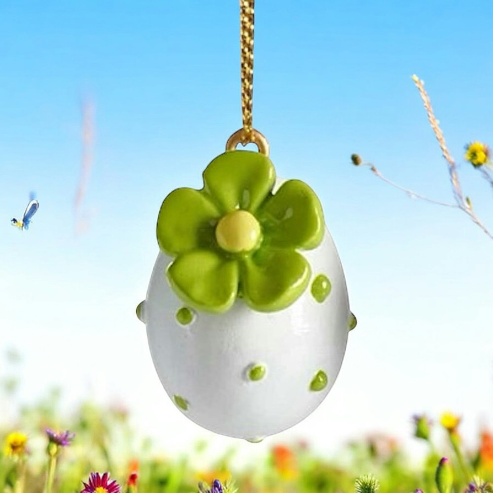 Ägg att hänga, vitt med grön blomma
