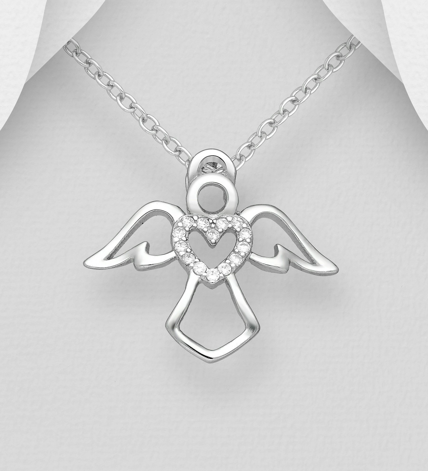 Doppresent flicka - Ängel med glittrande hjärta i äkta 925 sterling silver - söt dopgåva med Skyddsängel