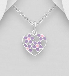 Dopgåva till tjej - halsband Hjärta lila/rosa blommor