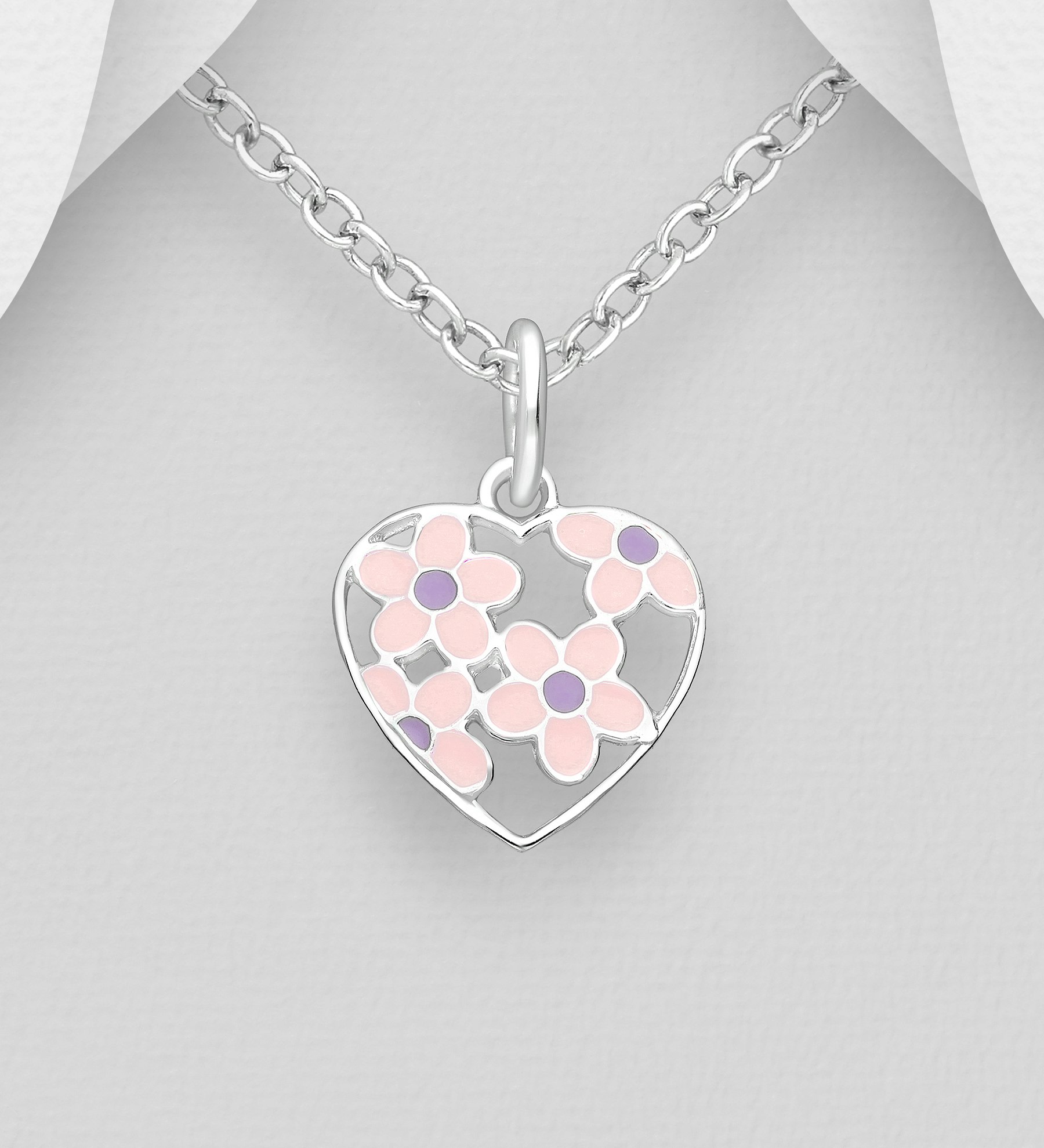Dopgåva tjej - Barnhalsband Hjärta rosa/lila blommor