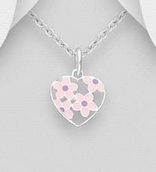 Dopgåva tjej - Barnhalsband Hjärta rosa/lila blommor