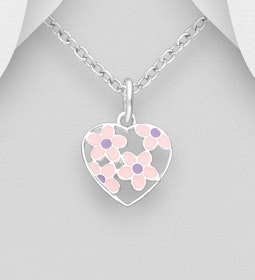 Dopgåva tjej - Barnhalsband Hjärta rosa/lila blommor