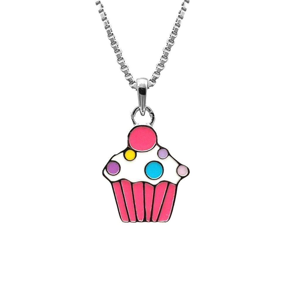 Doppresent flicka - halsband i silver med söt rosa Cupcake