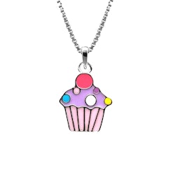 Doppresent flicka - halsband i silver med söt lila Cupcake
