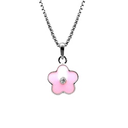 Doppresent flicka - halsband i silver med söt rosa Blomma