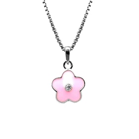 Doppresent flicka - halsband i silver med söt rosa Blomma