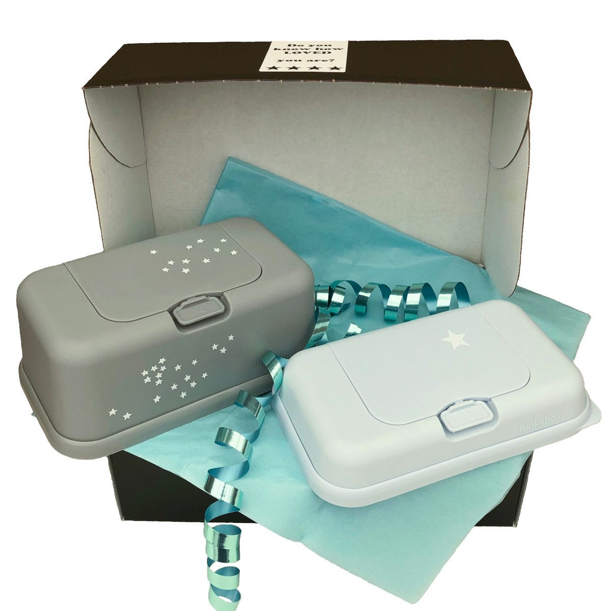 Funkybox present Grey Little Stars och ToGo Pale Blue Star, bebispresent, nyfödd, babyshower