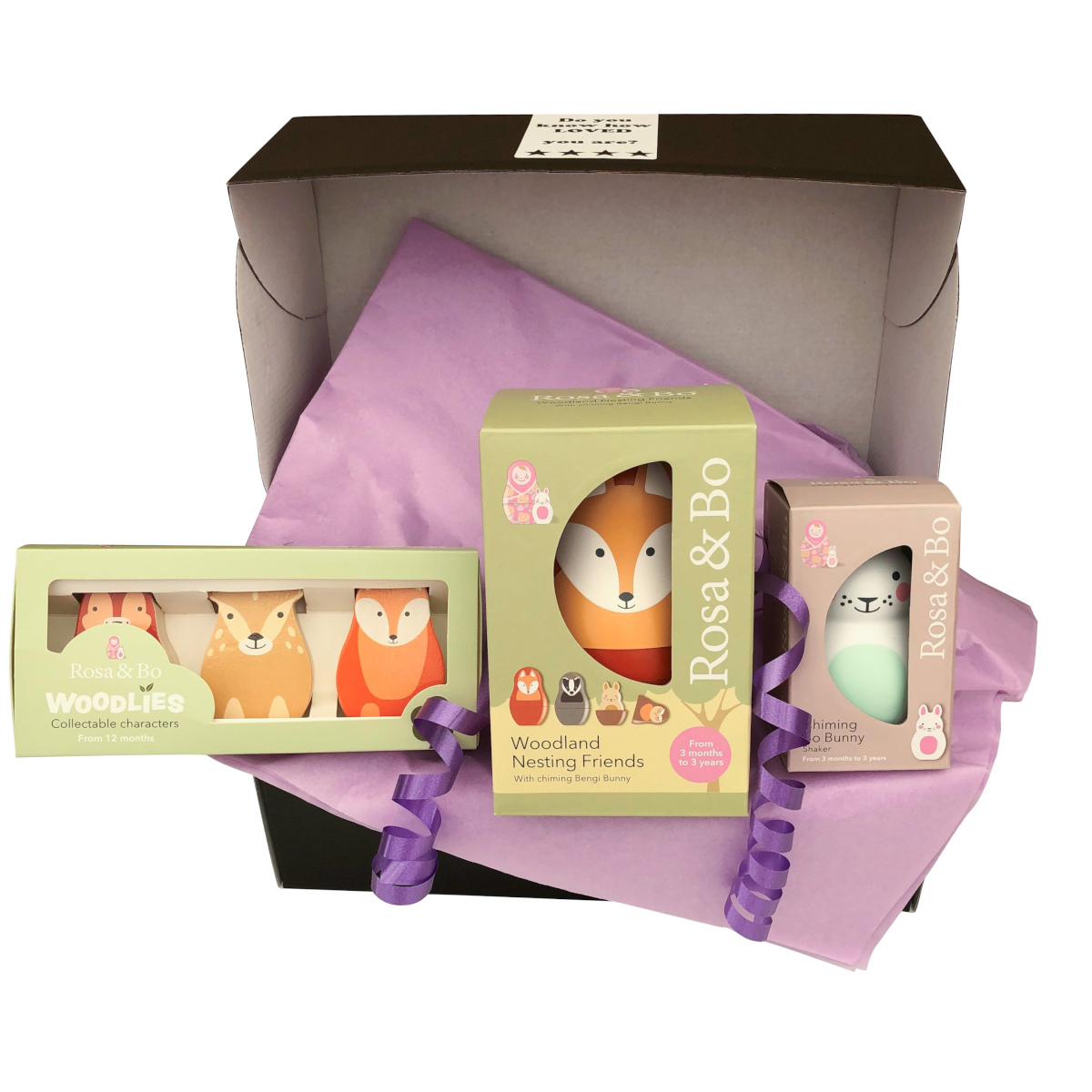 Babypresent - Woodlies träleksak, Rosa & Bo babyleksak och Skallra Kanin