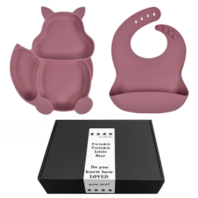 Barntallrik med Sugpropp & Haklapp i Silikon Dark Rose  - Present till bebis
