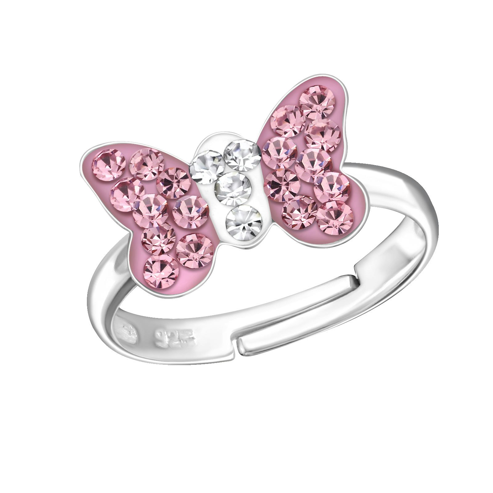 Ring till barn Fjäril ljusrosa glitter -  söt, justerbar silverring - en barnring i äkta silver