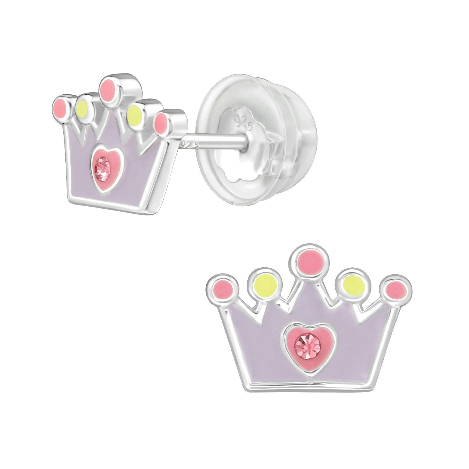 Barnörhängen Prinsesskrona ljuslila - söta Sweethearts örhängen till barn med prinsesskronor i äkta 925 sterling silver
