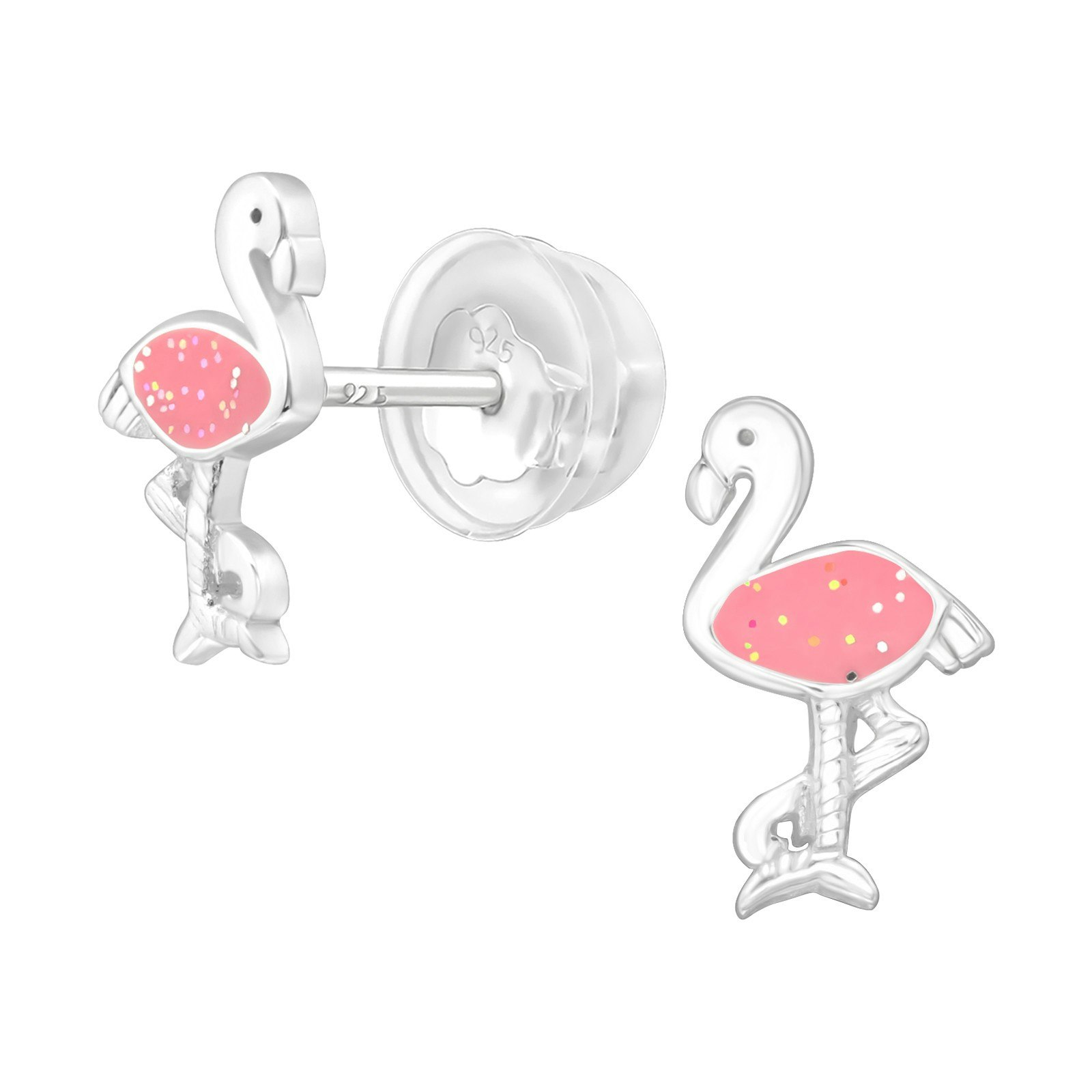Barnörhängen Flamingo med glitter - söta Sweethearts örhängen till barn i äkta silver