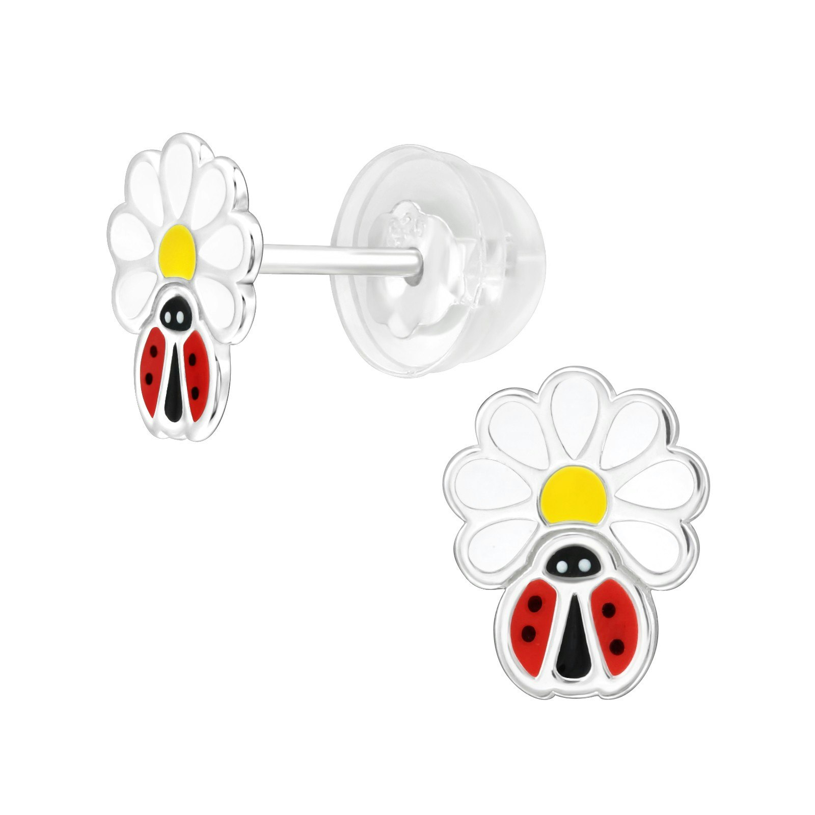Barnörhängen Blomma med nyckelpiga - Sweethearts örhängen till barn blommor i äkta 925 sterling silver