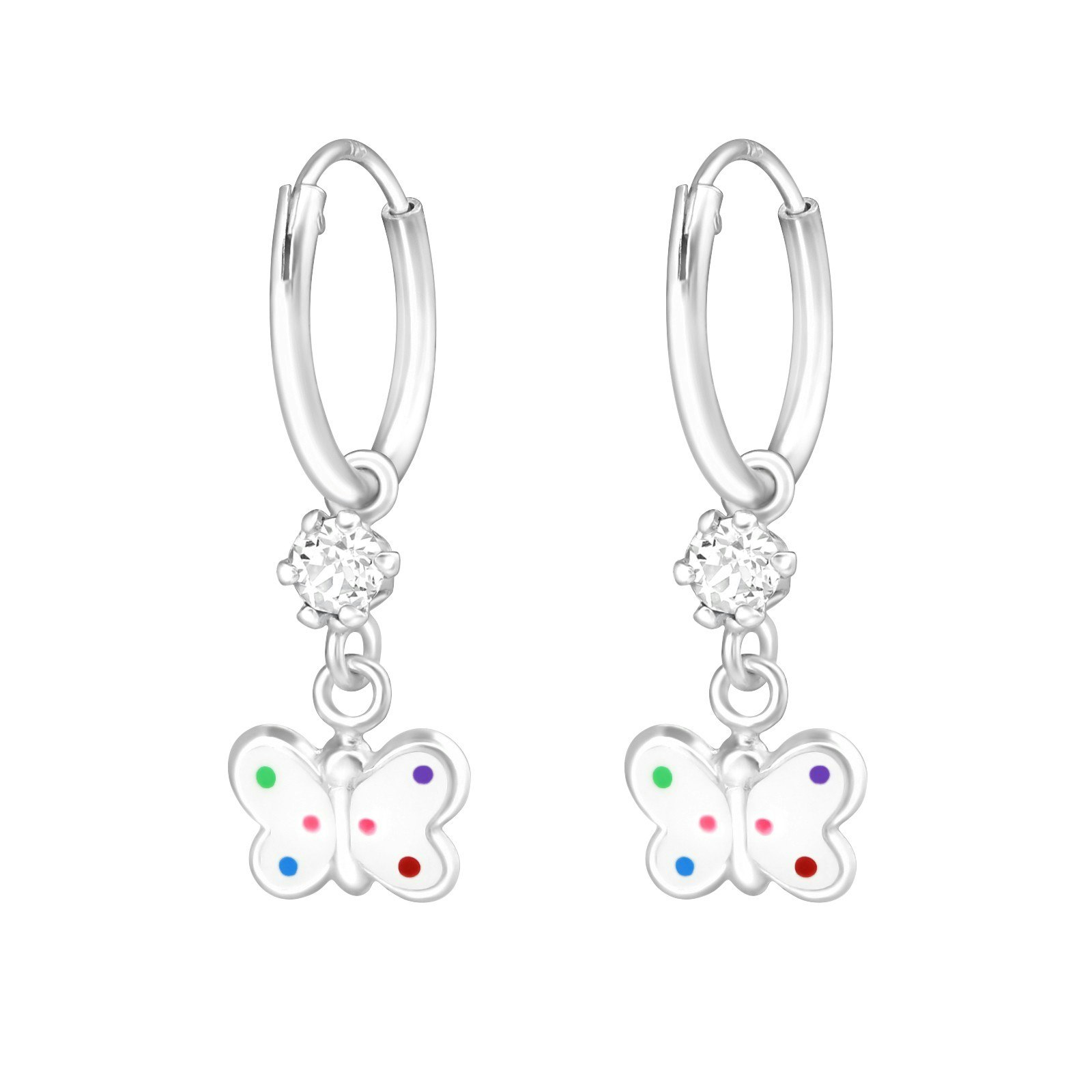 Hängande örhängen till barn - ringar med söta vita Fjärilar - barnörhängen fjäril i äkta 925 sterling silver