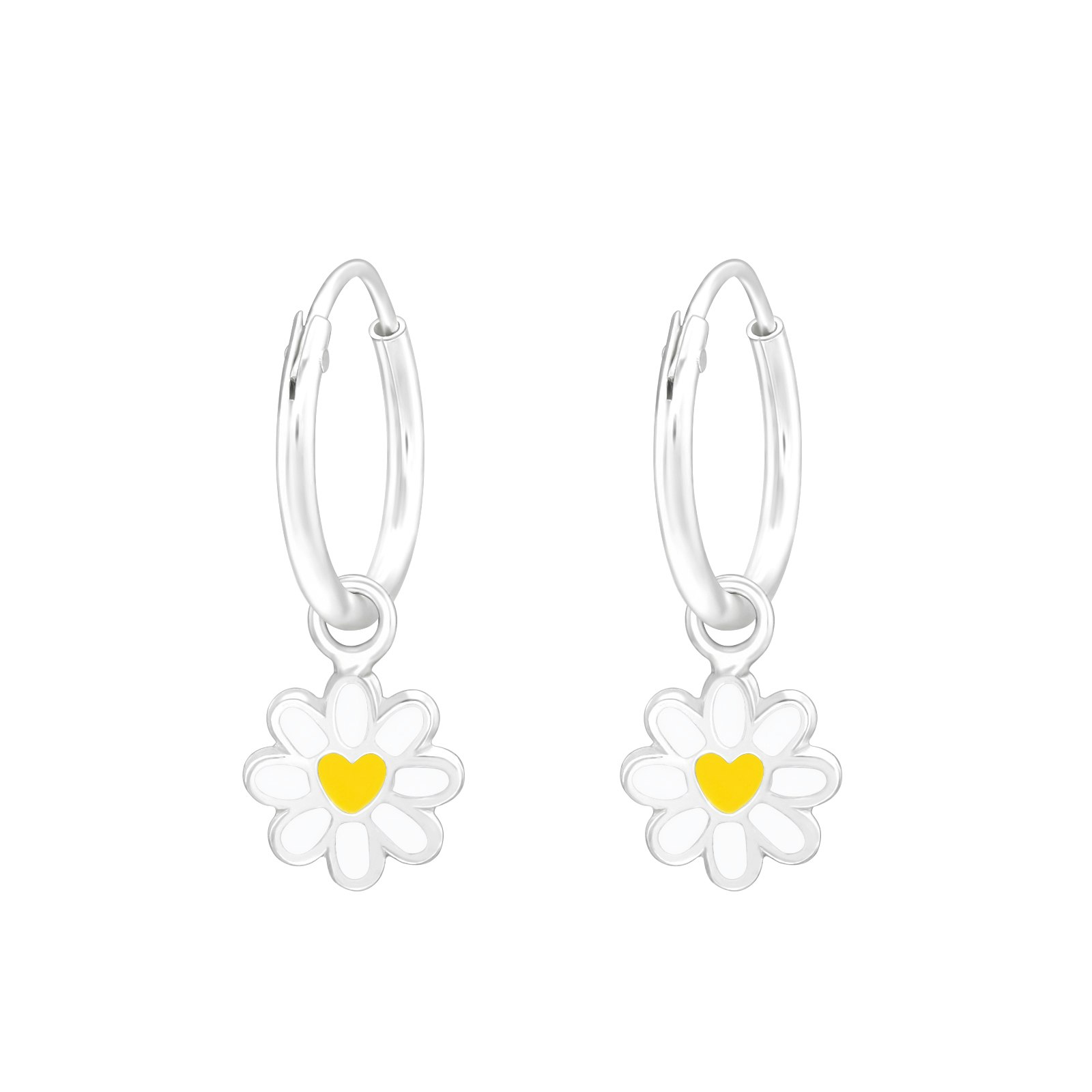 Hängande örhängen till barn - ringar med Prästkrage hjärta - barnörhängen med blommor i äkta 825 sterling silver