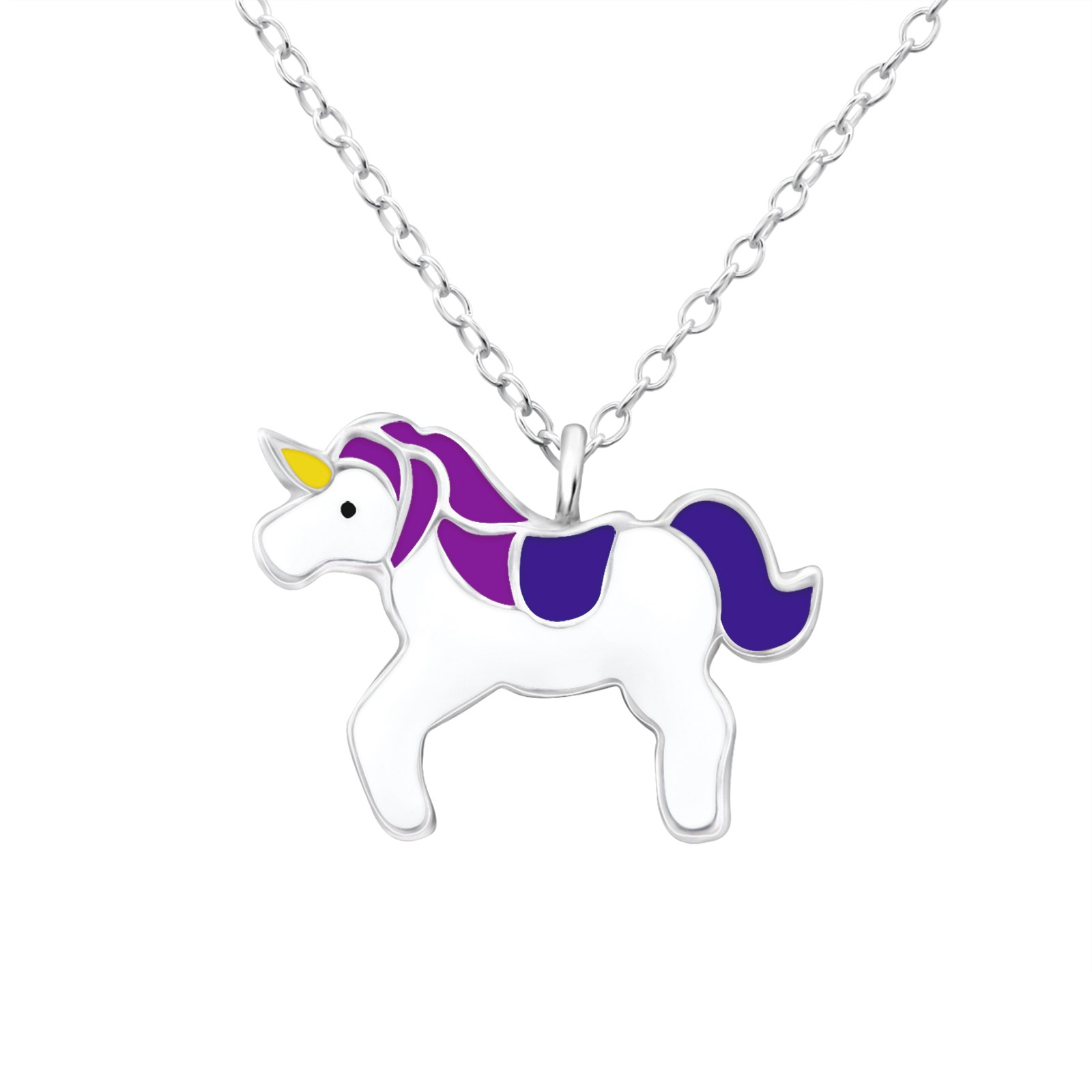 Barnhalsband Enhörning i vitt & lila - halsband till barn i äkta 925 sterling silver