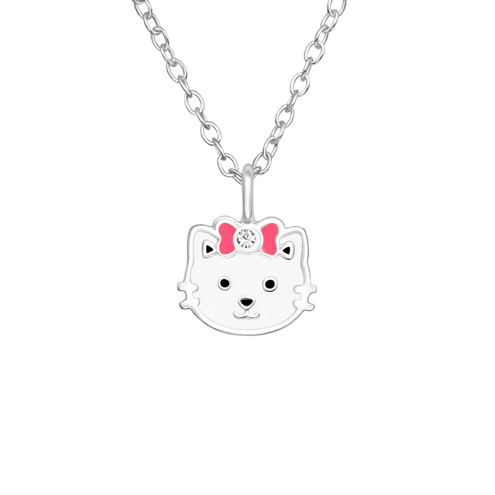 Barnhalsband Katt med rosa rosett - sött barnsmycke i äkta 925 sterling silver