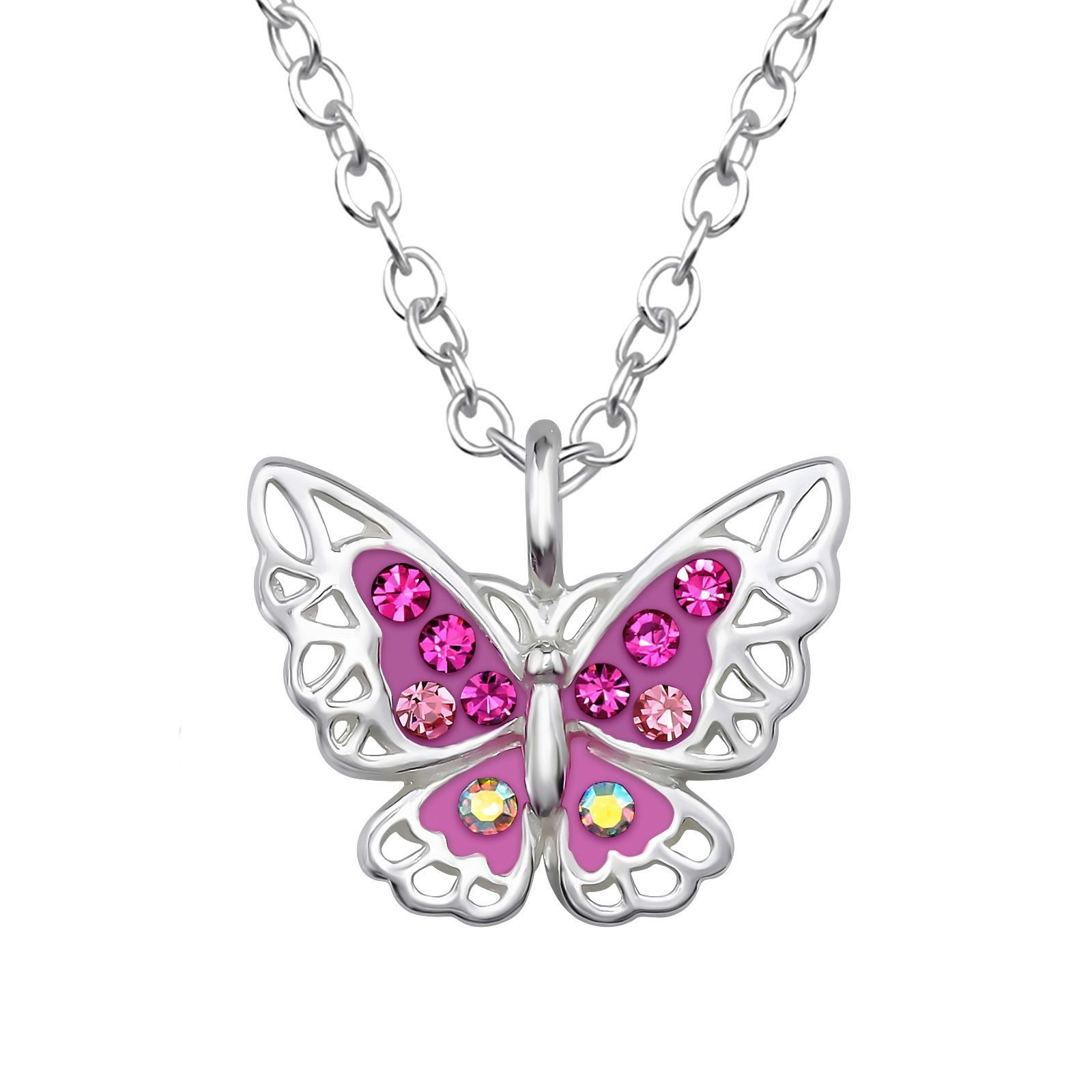 Barnhalsband glittrig rosa Fjäril - sött barnsmycke i äkta 925 sterling silver