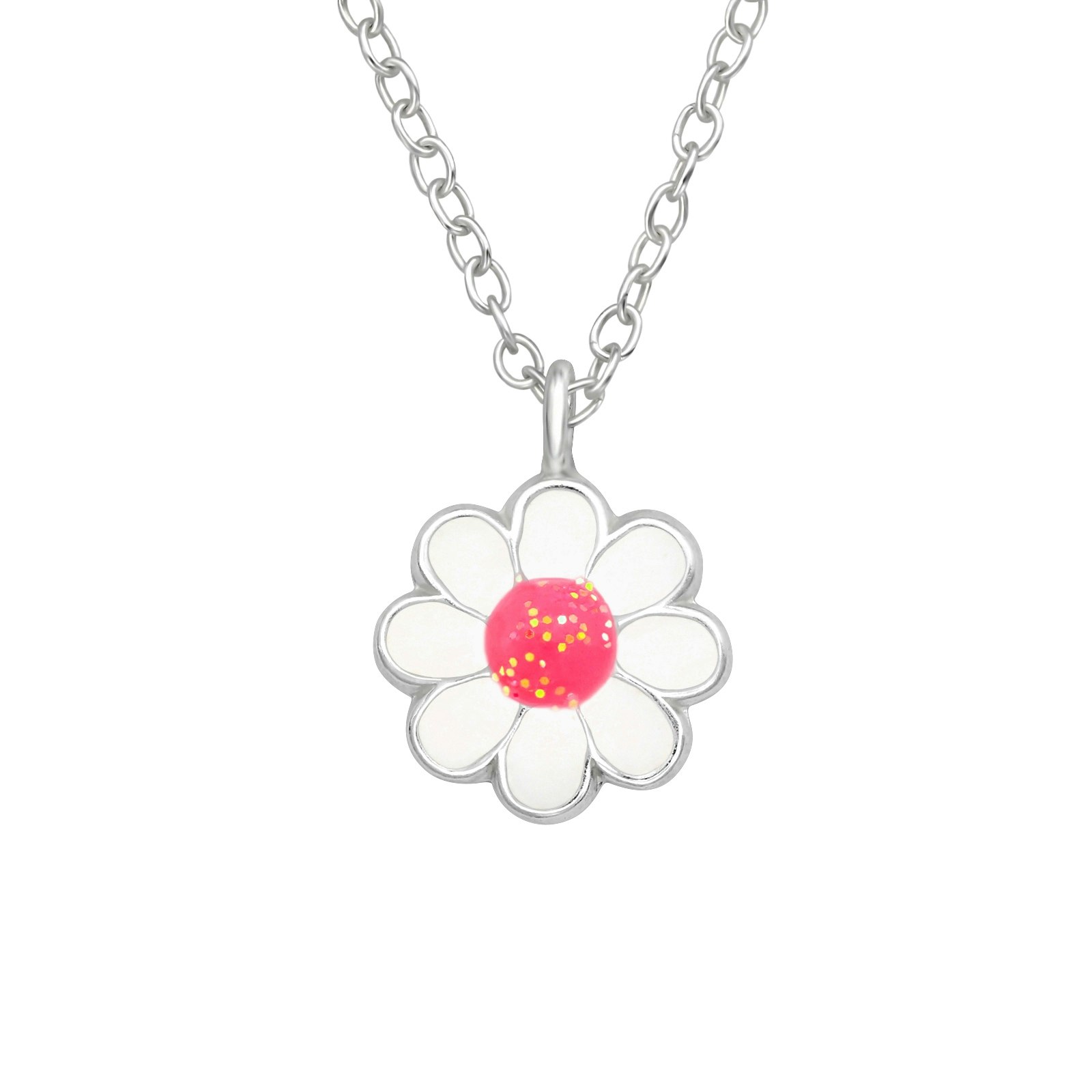 Barnhalsband Blomma vit & rosa - sött halsband till barn i äkta 925 sterling silver