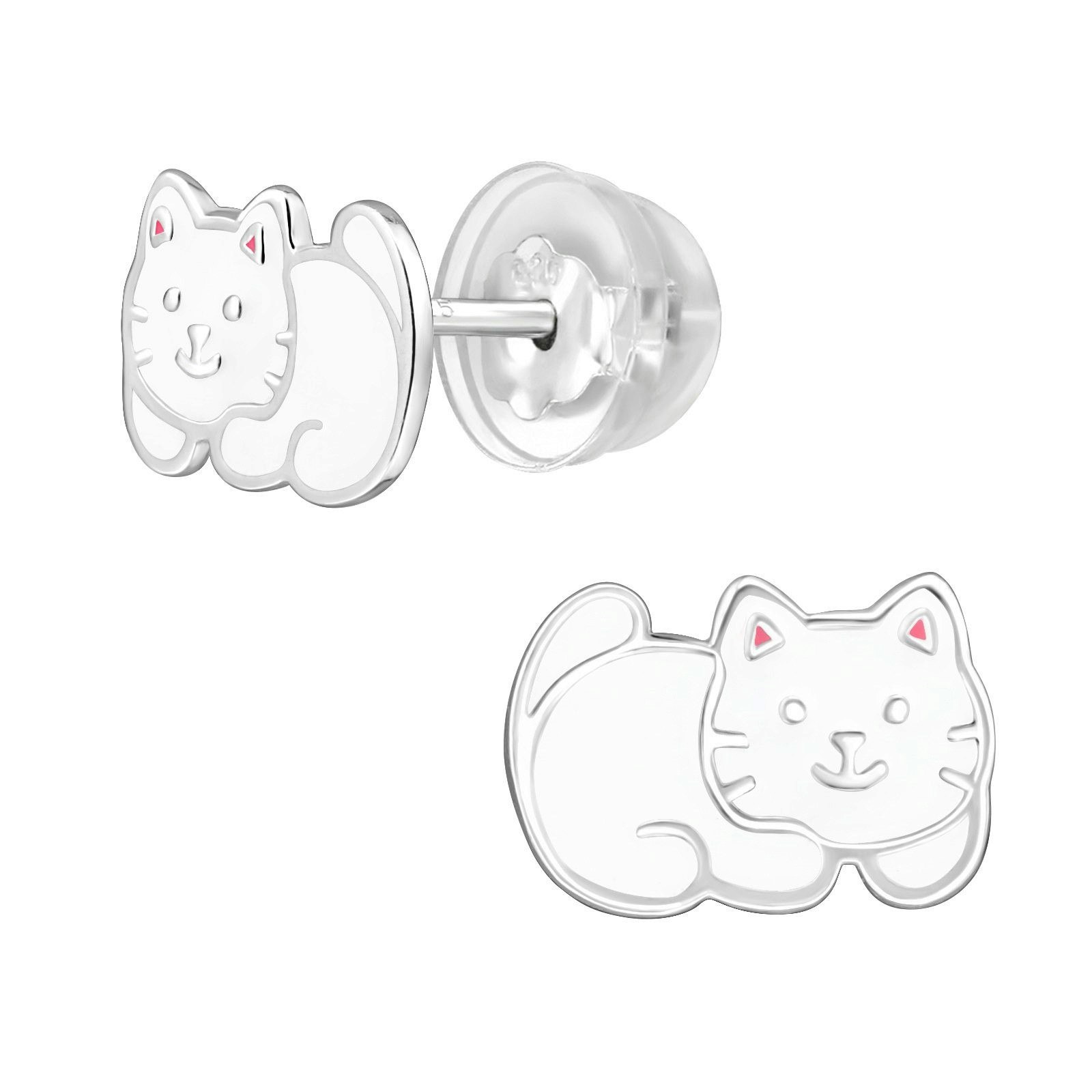 Barnörhängen liggande vit Katt - söta Sweethearts örhängen till barn med katter i äkta 925 sterling silver