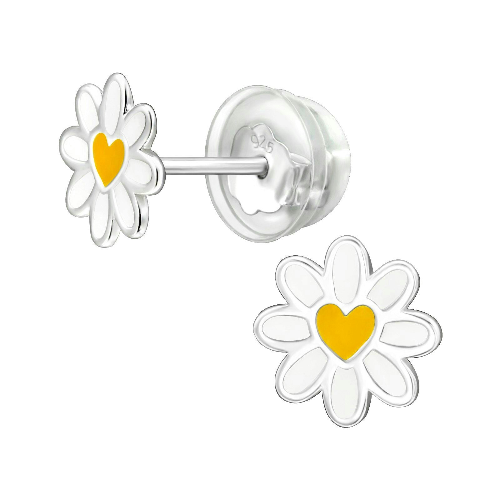 Barnörhängen Prästkrage gult hjärta - söta Sweethearts örhängen till barn med blommor i äkta 925 sterling silver