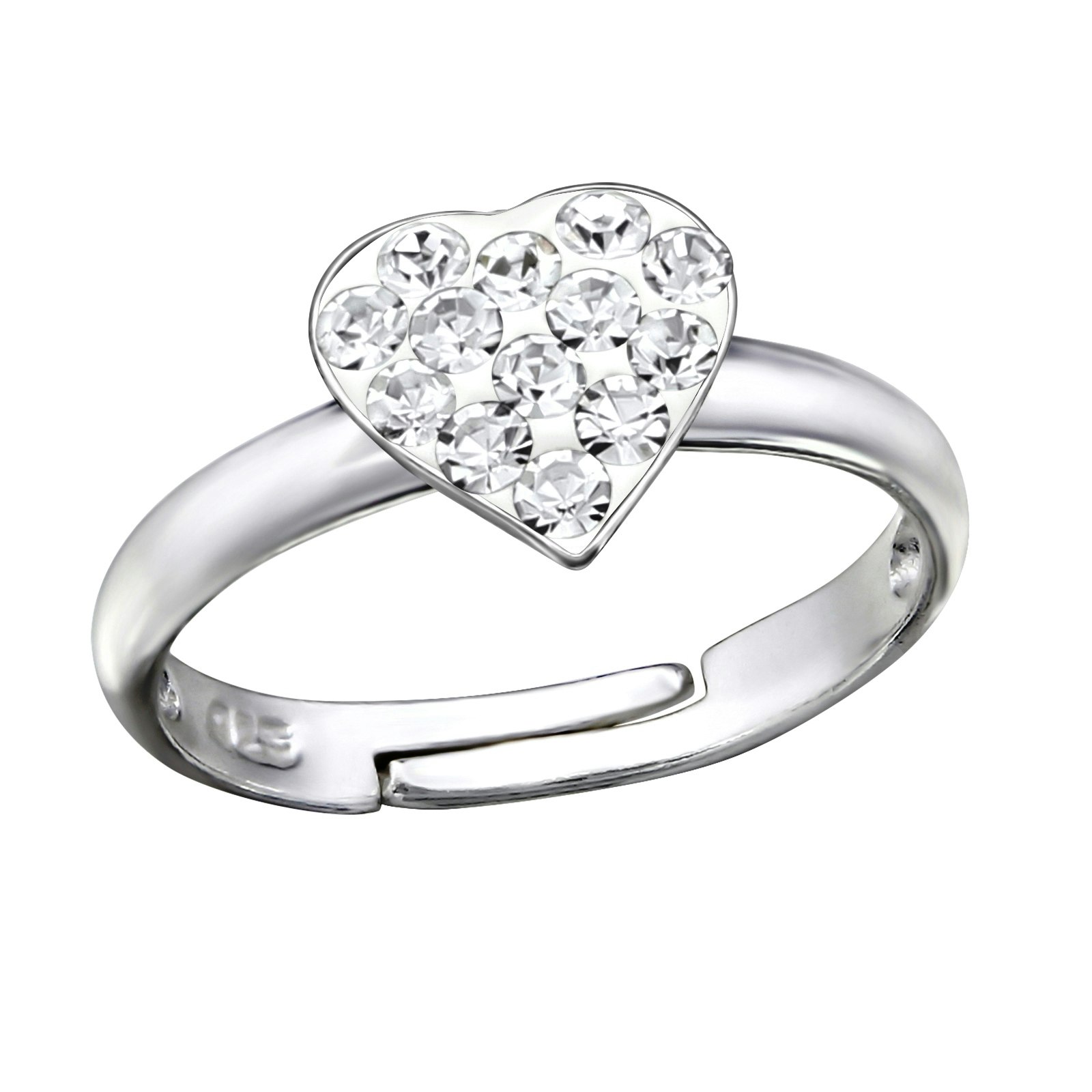Ring till barn Hjärta vita glitterstenar - söt, justerbar silverring - en barnring i äkta silver
