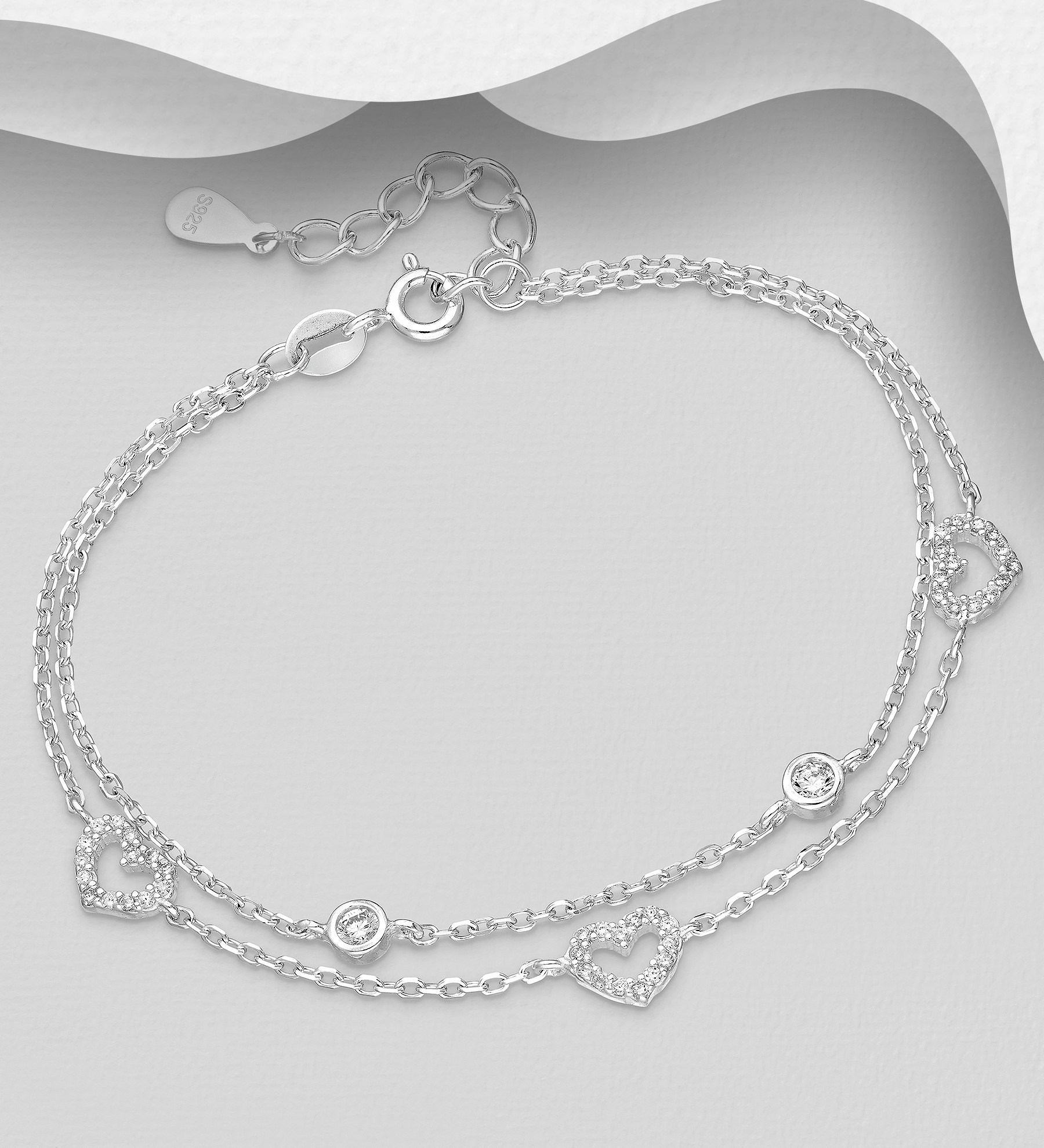 Sølvarmbånd med hjerter og cubic zirkonia - ægte 925 sølv