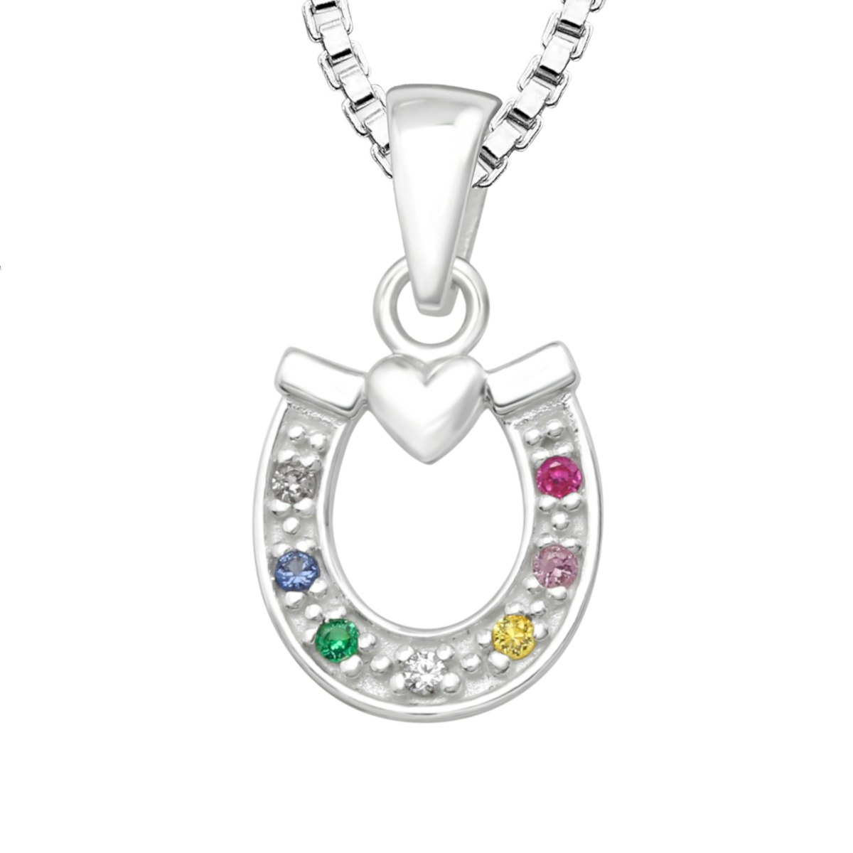 Barnhalsband Hästsko med färgade stenar & hjärta - sött halsband till barn i äkta 925 sterling silver