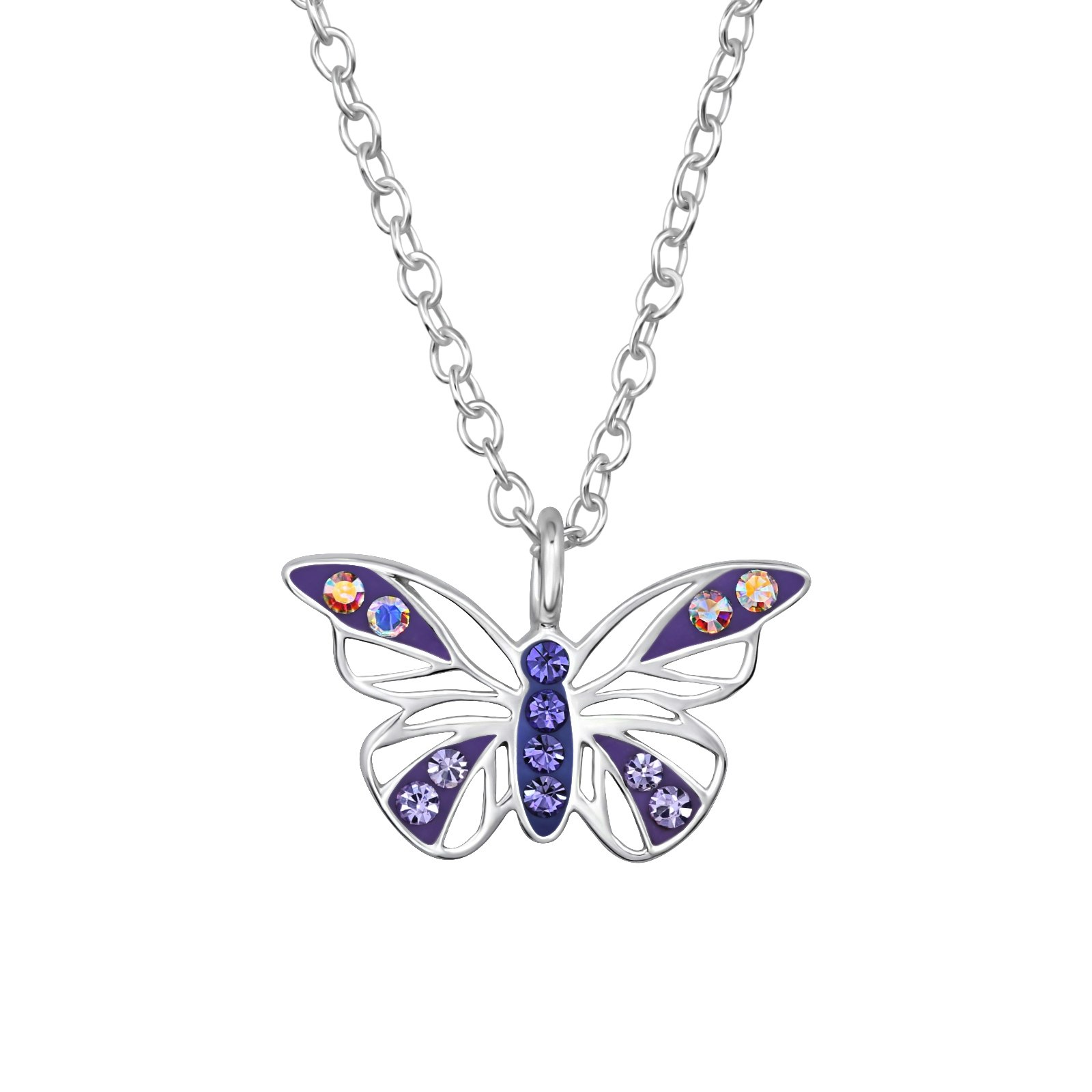 Barnhalsband Fjäril lila glitter - halsband i äkta silver