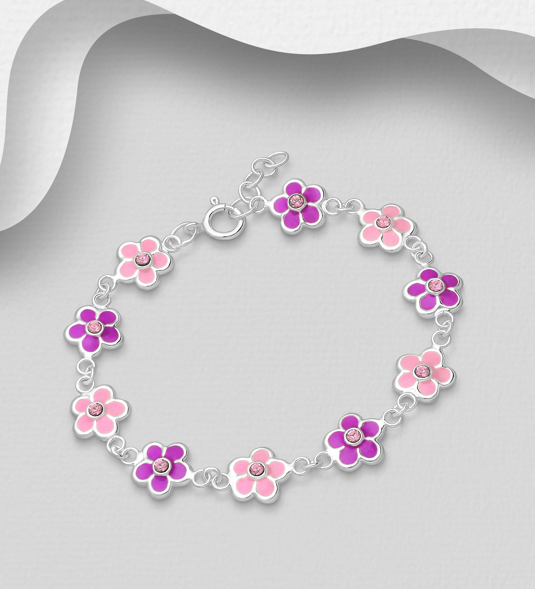 Armband till barn Rosa & Lila Blommor - barnarmband i silver