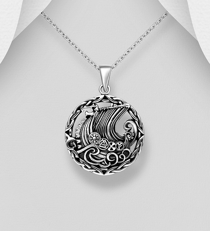 Sølvhalskæde dreng/herre - Medaljon med Vikingeskib