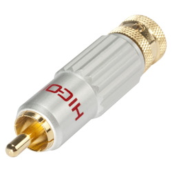 HiCon HI-CM13-RED RCA / phono-kontakt, spännhylslåsfixtur, 2-polig, metall-, lödning-hane, guldpläterade kontakt(er), rak, grå