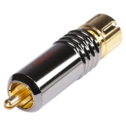 HiCon HI-CM18-RED RCA / phono-kontakt, spännhylsa, 2-polig, metall-, lödning-hankontakt, guldpläterade kontakt(er), rak, kromfärgadRCA-kontakt