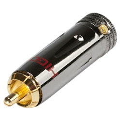 HICON HI-CM09-RED RCA / phono-kontakt, spännhylsa, 2-polig, metall-, lödning-hankontakt, guldpläterade kontakt(er), rak, kromfärgad