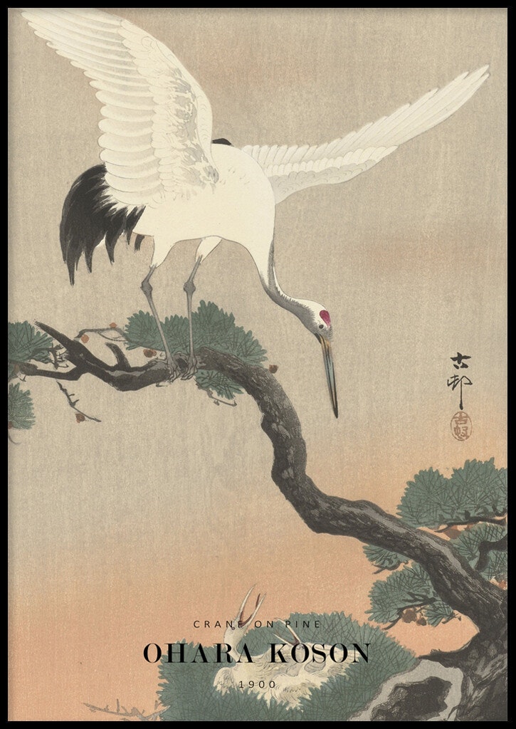 Poster Ohara Koson, Crane on pine