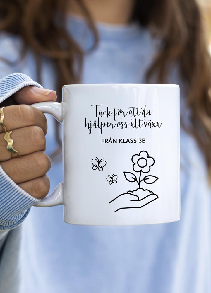 Personlig keramikmugg med text, växande blomma