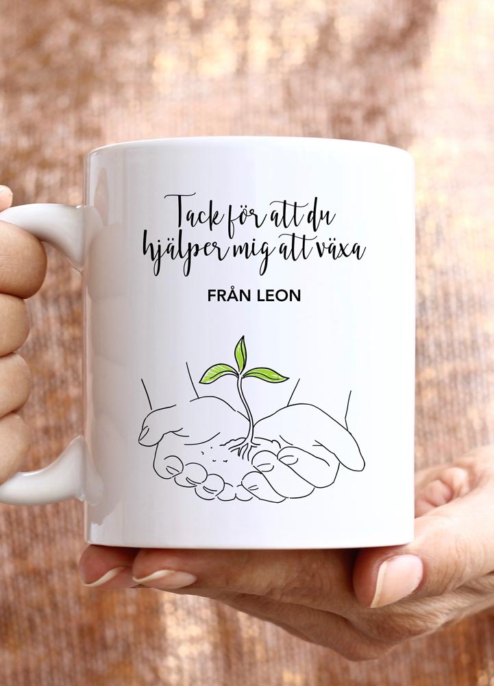 Personlig keramikmugg med text, växande blad