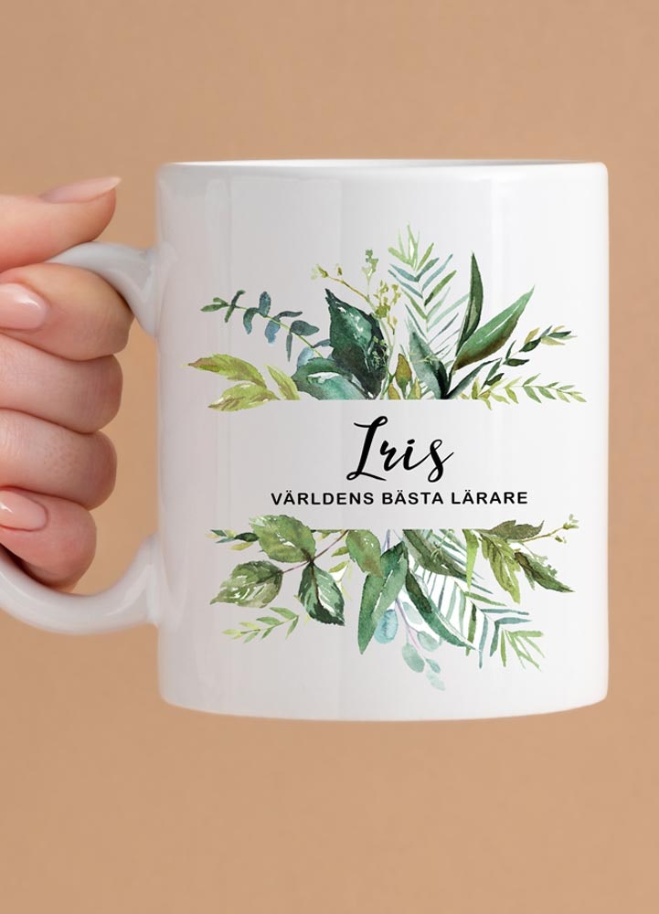 Personlig keramikmugg med text, gröna blad